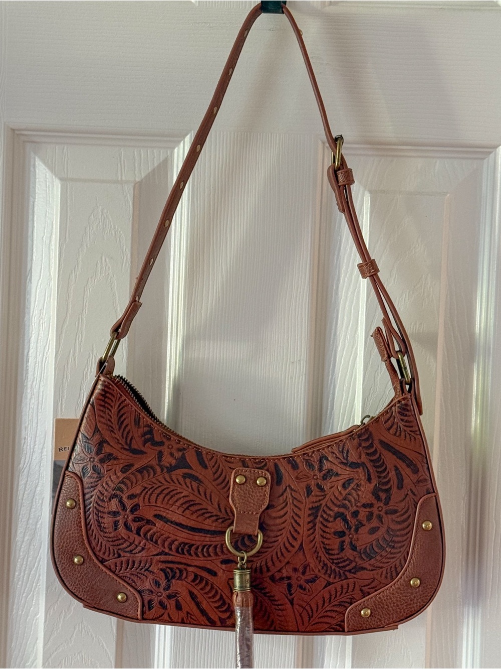 Rein & Bridle Tooled Western Style Shoulder Bag Brown Faux Leather NWT